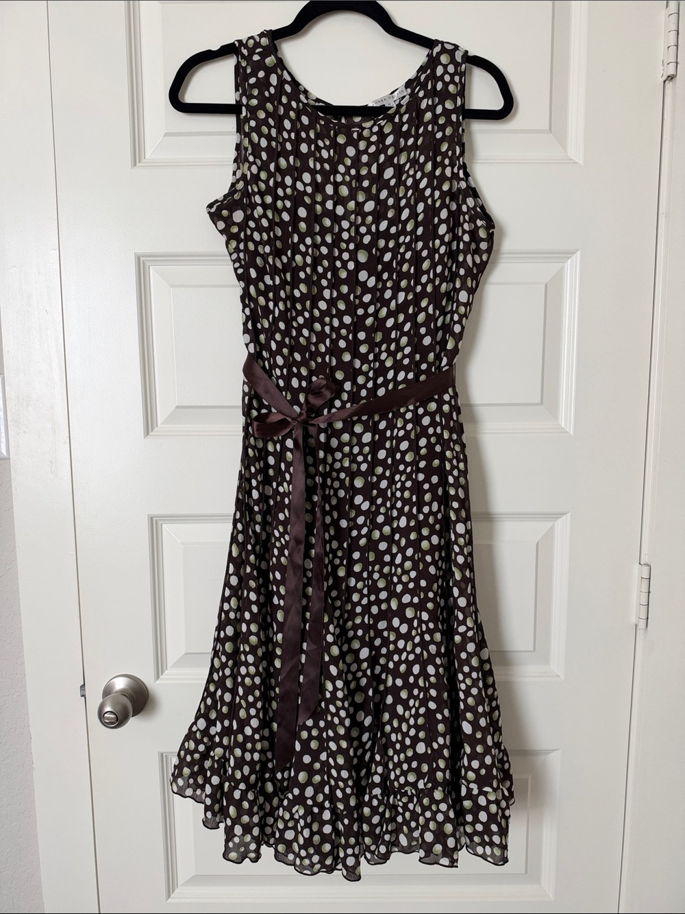 Sandra Darren Brown Midi Dress with White and Green Polka Dots
